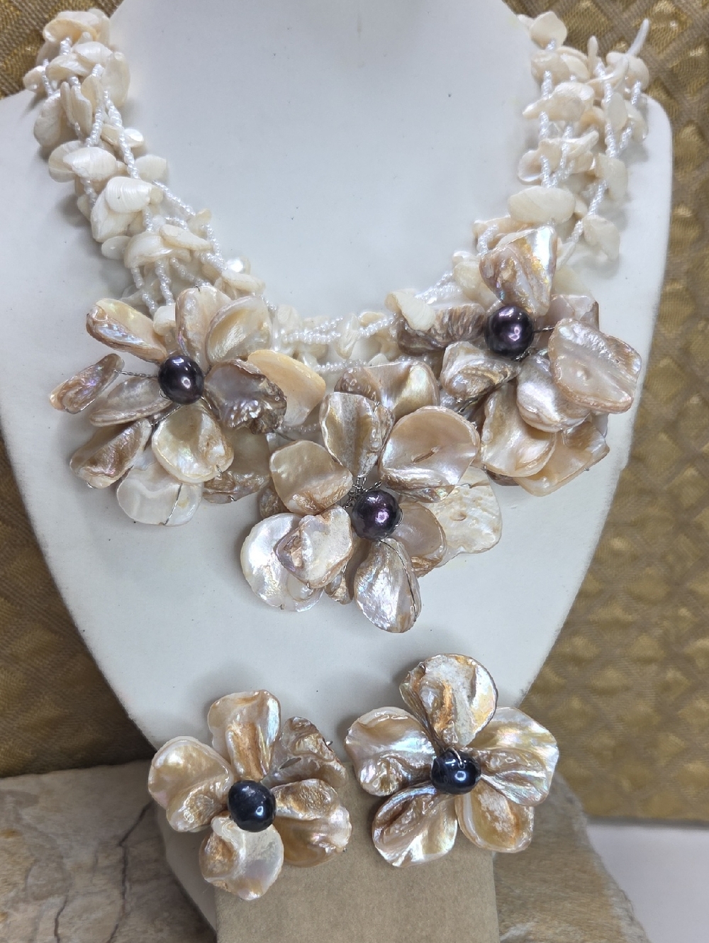 Handcrafted Pearl Flower Necklace & Earrings Set - Cream Shell & Pearl Center